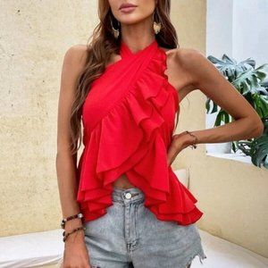 Ruffle Hem Halter Shirred Back Blouse Top RED